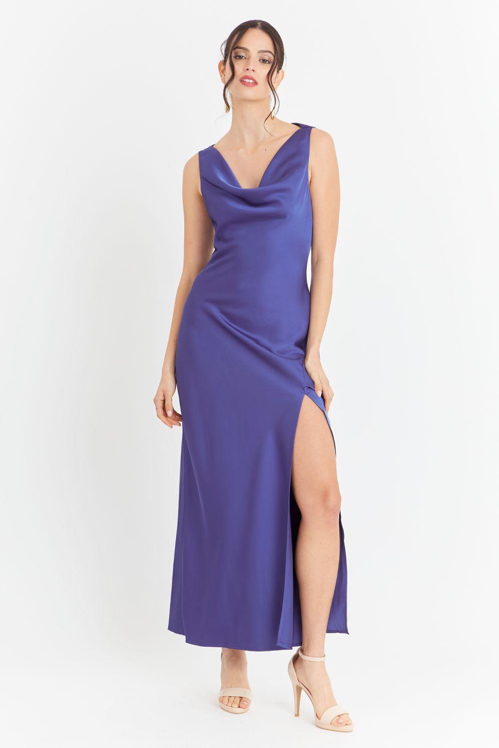 Vestido Largo Escote Drapeado Azul Nicopoly-1