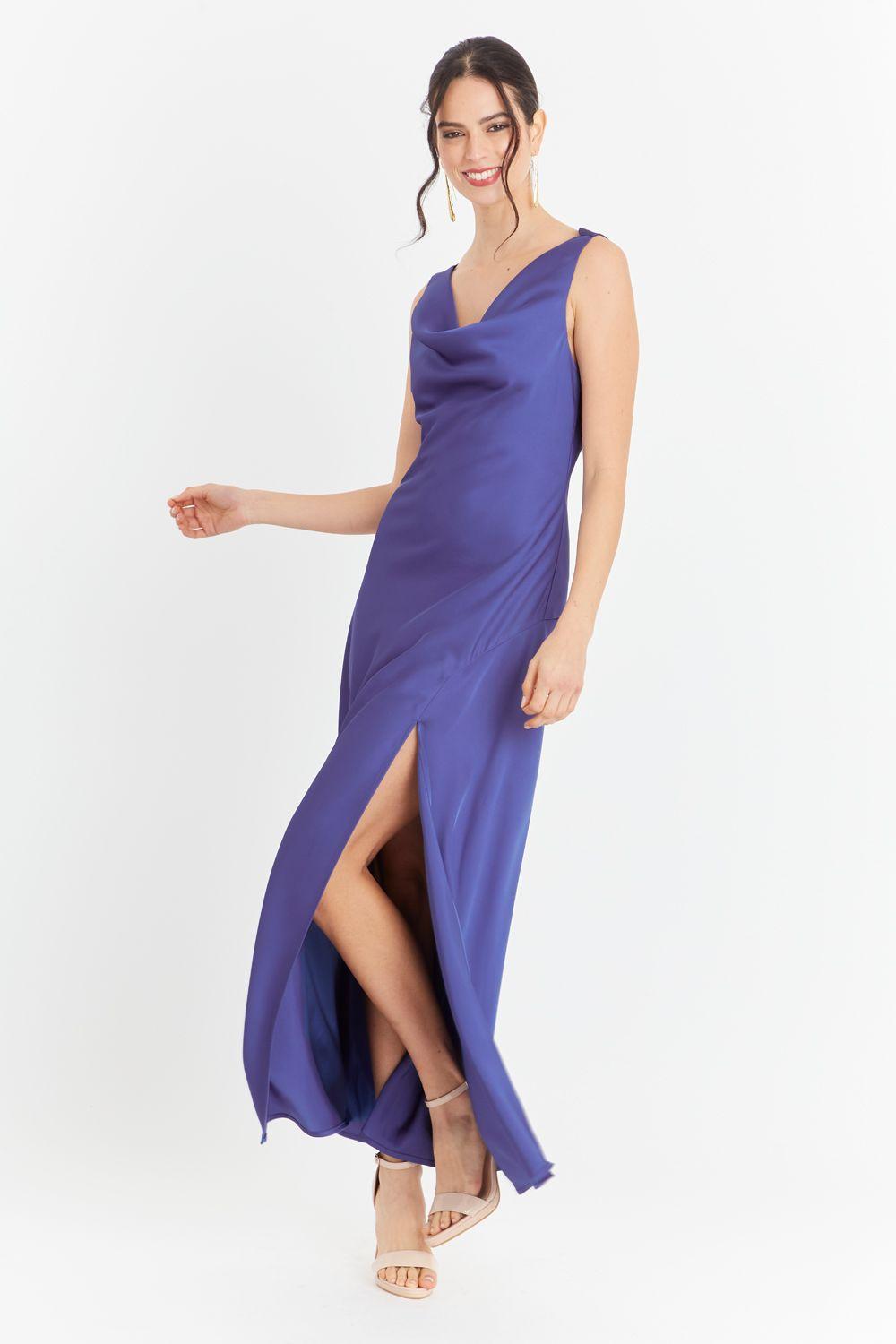 Vestido Largo Escote Drapeado Azul Nicopoly-2