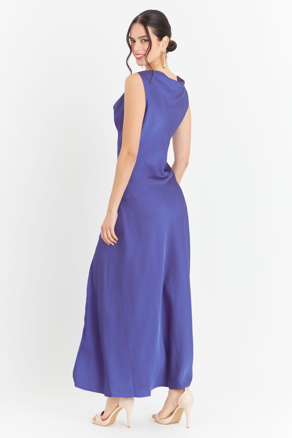 Vestido Largo Escote Drapeado Azul Nicopoly-3