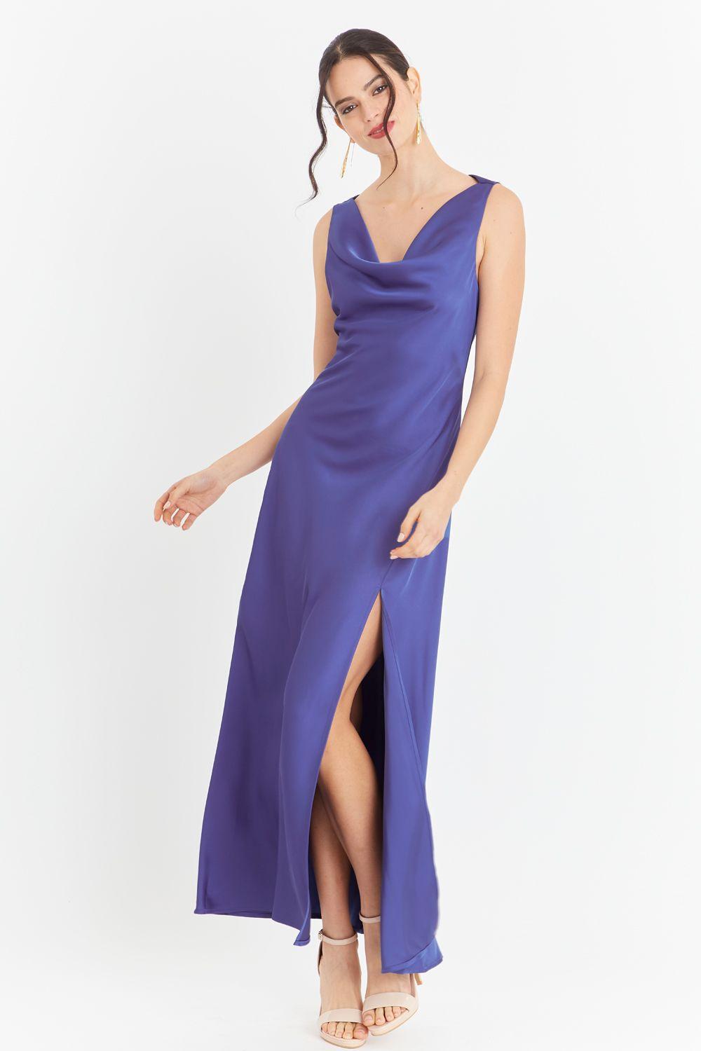 Vestido Largo Escote Drapeado Azul Nicopoly-4