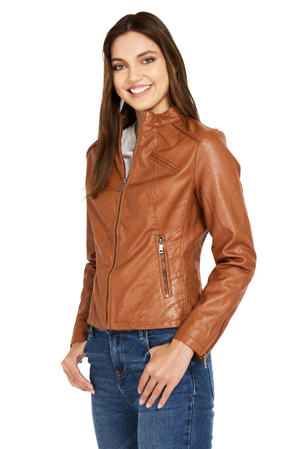 Chaqueta Ecocuero Cuello Mao Camel Nicopoly-2