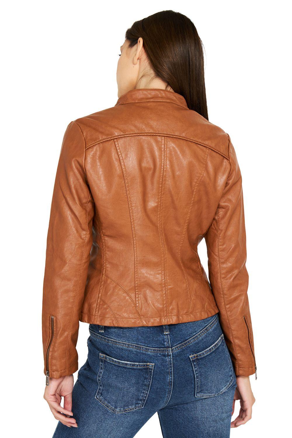 Chaqueta Ecocuero Cuello Mao Camel Nicopoly-3