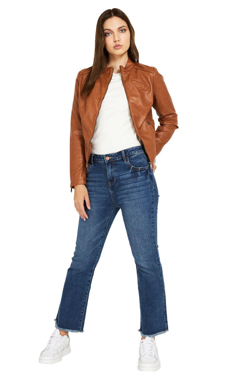 Chaqueta Ecocuero Cuello Mao Camel Nicopoly-1
