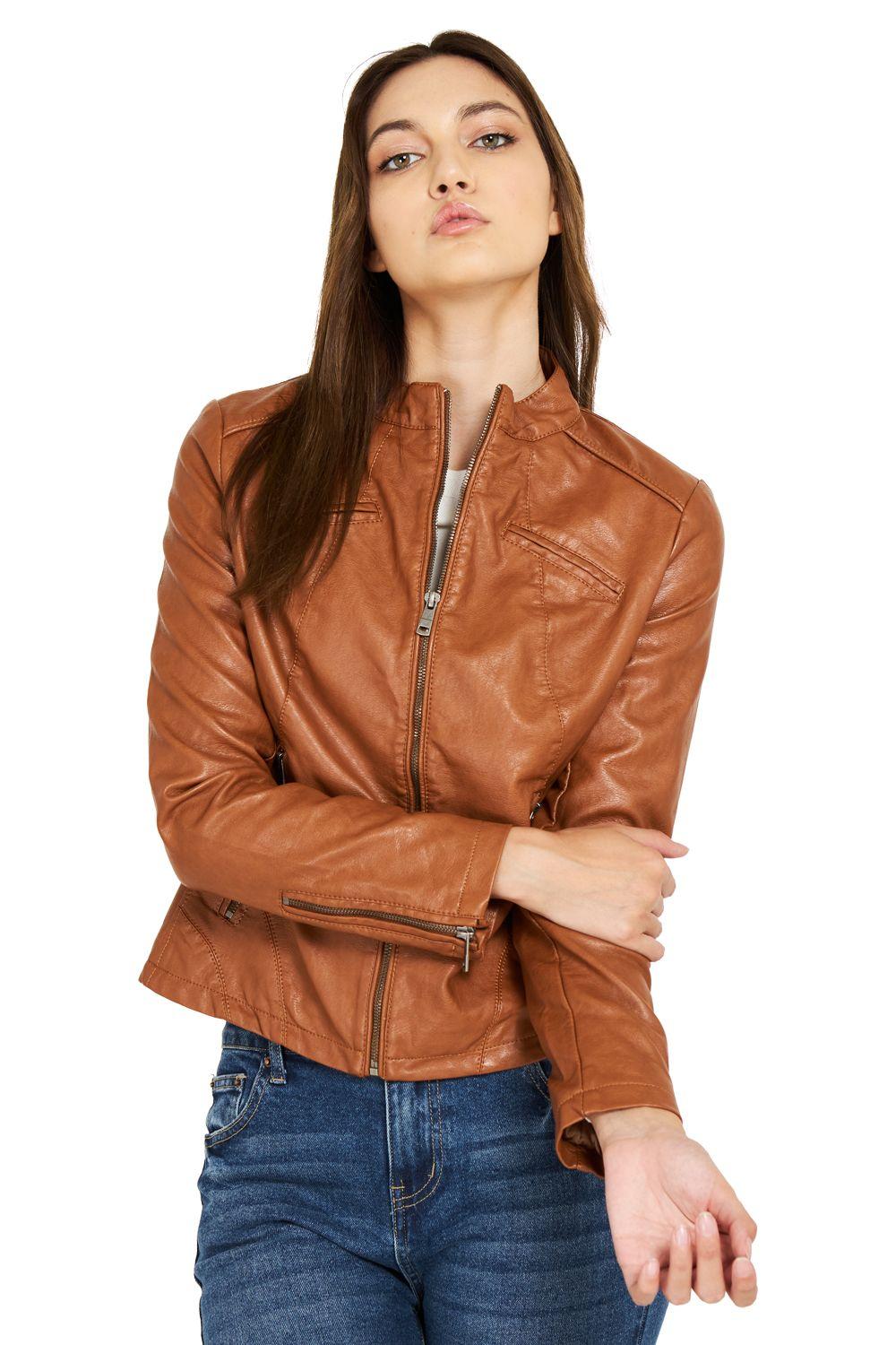 Chaqueta Ecocuero Cuello Mao Camel Nicopoly-0