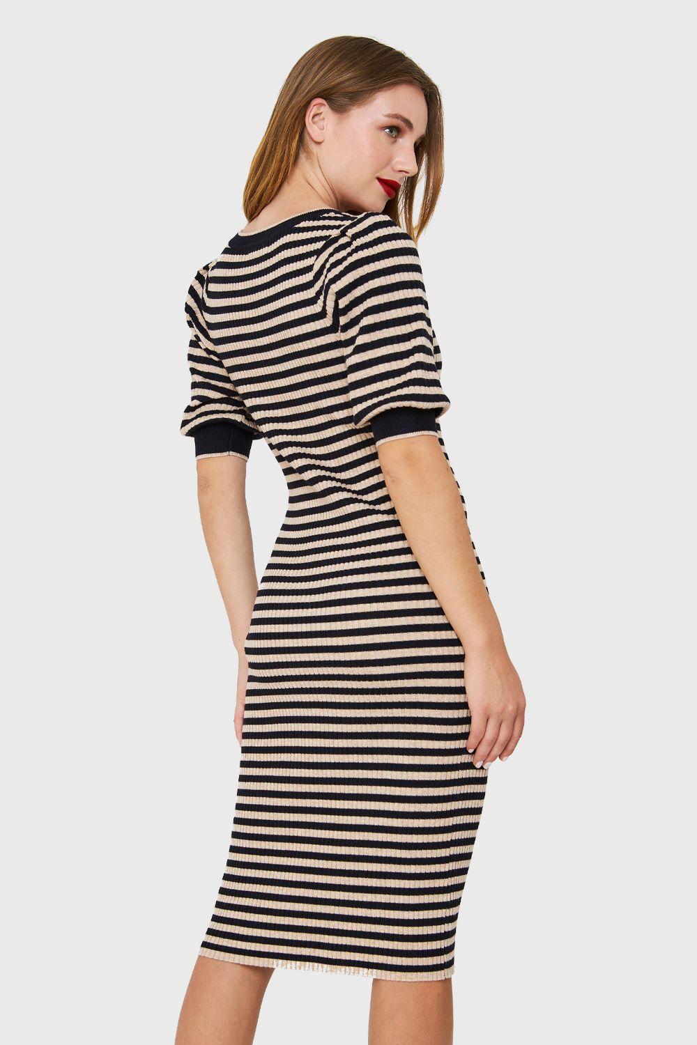 Vestido Acanalado Rayado Beige/Azul Marino Nicopoly-3