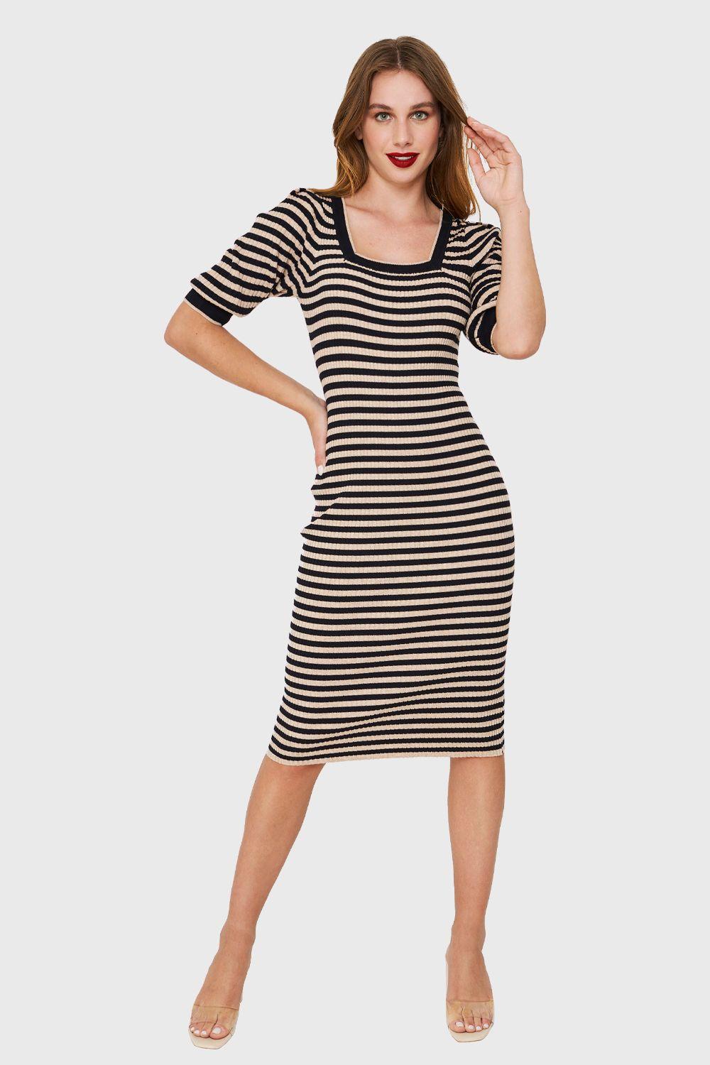Vestido Acanalado Rayado Beige/Azul Marino Nicopoly-1