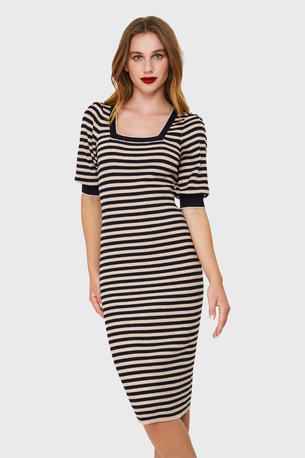 Vestido Acanalado Rayado Beige/Azul Marino Nicopoly-0
