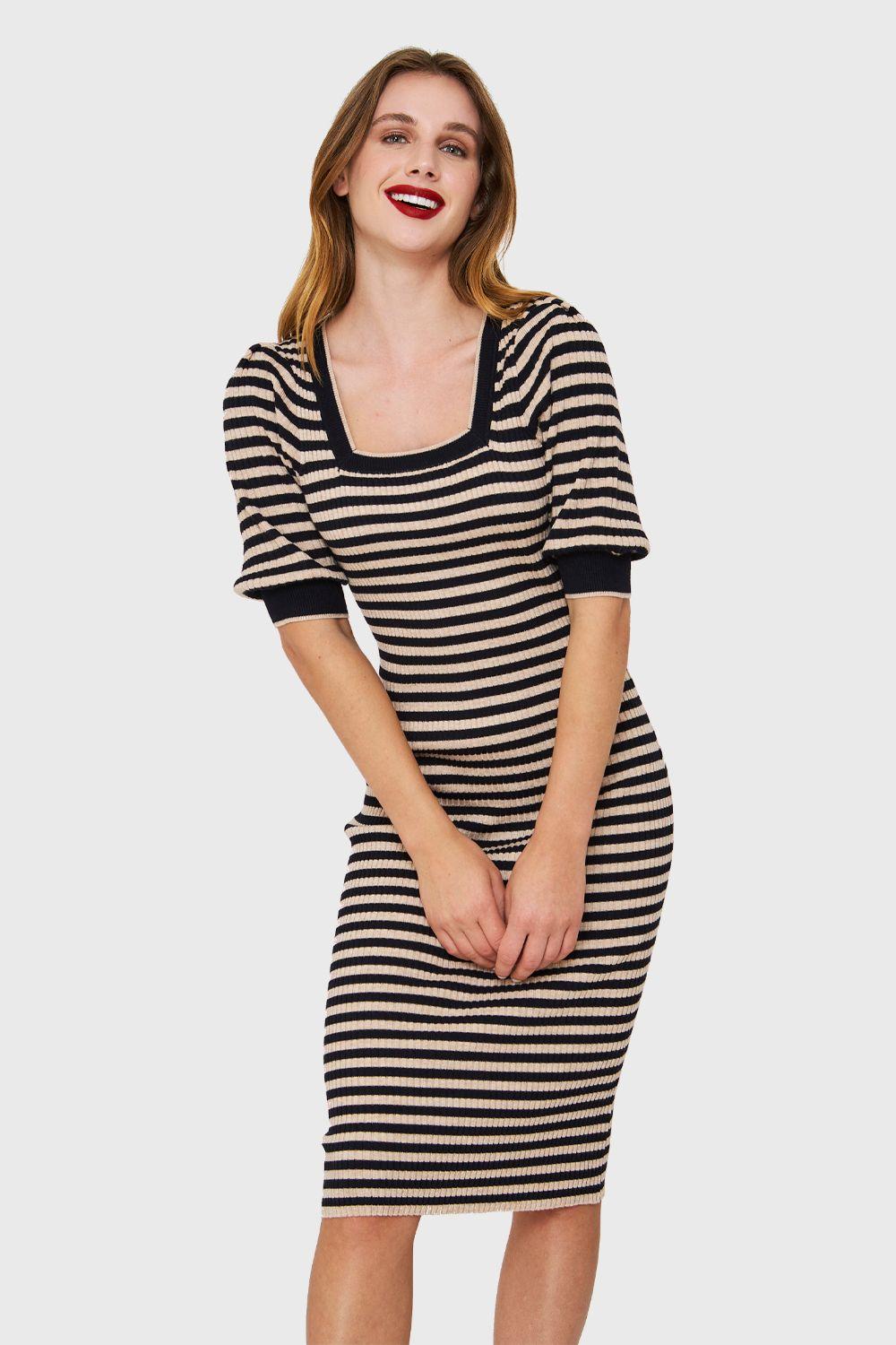 Vestido Acanalado Rayado Beige/Azul Marino Nicopoly-4