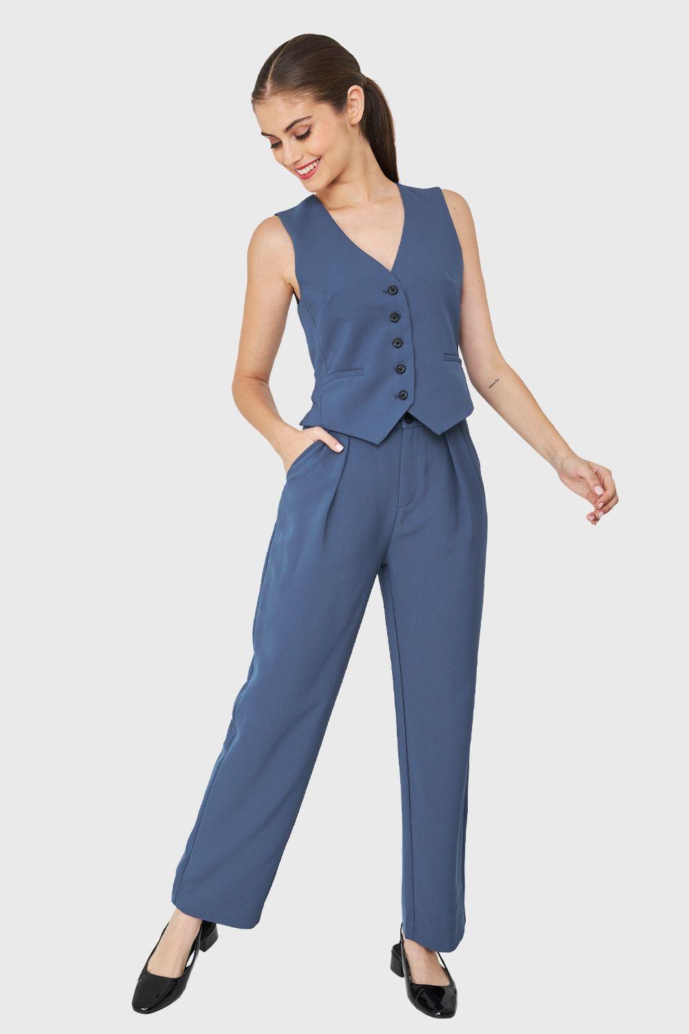 Pantalón Recto Pinzas Azul Acero Nicopoly-1