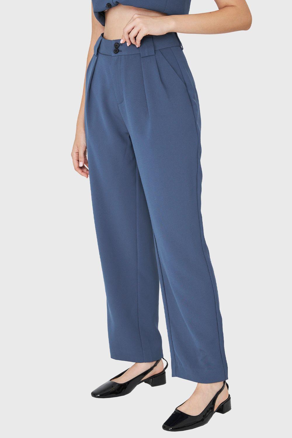 Pantalón Recto Pinzas Azul Acero Nicopoly-2