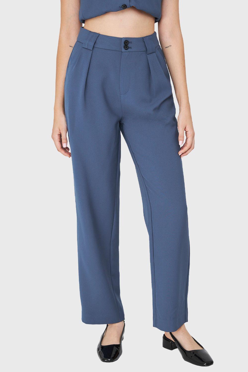 Pantalón Recto Pinzas Azul Acero Nicopoly-4