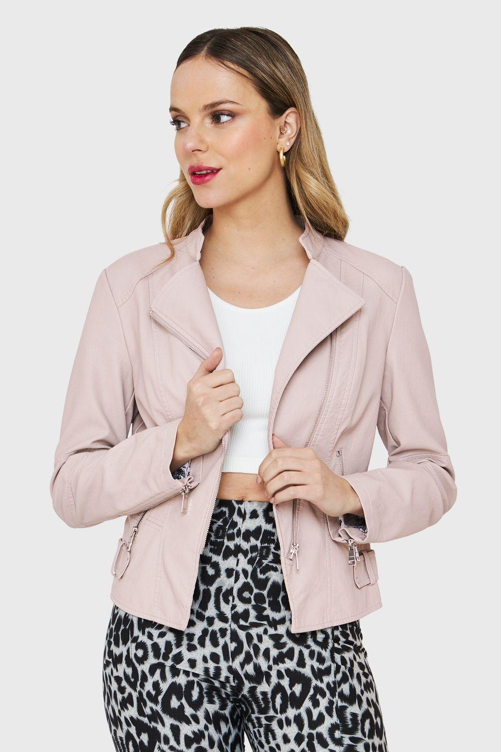 Chaqueta Cuello Mao Ecocuero Cierre Diagonal Crema Nicopoly-4