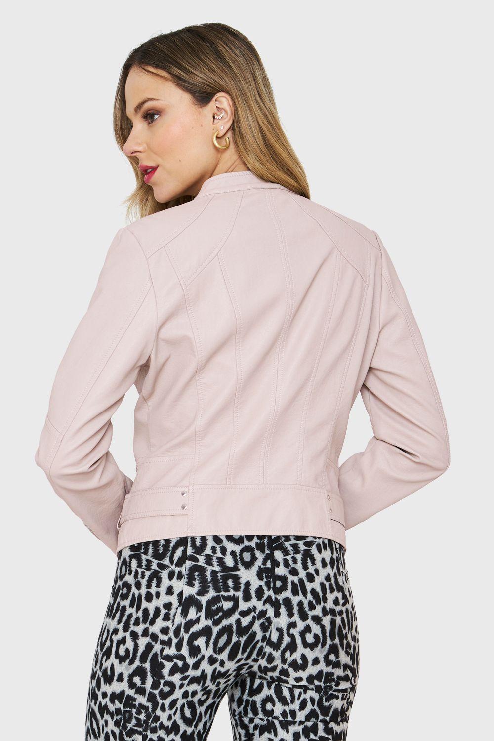 Chaqueta Cuello Mao Ecocuero Cierre Diagonal Crema Nicopoly-3