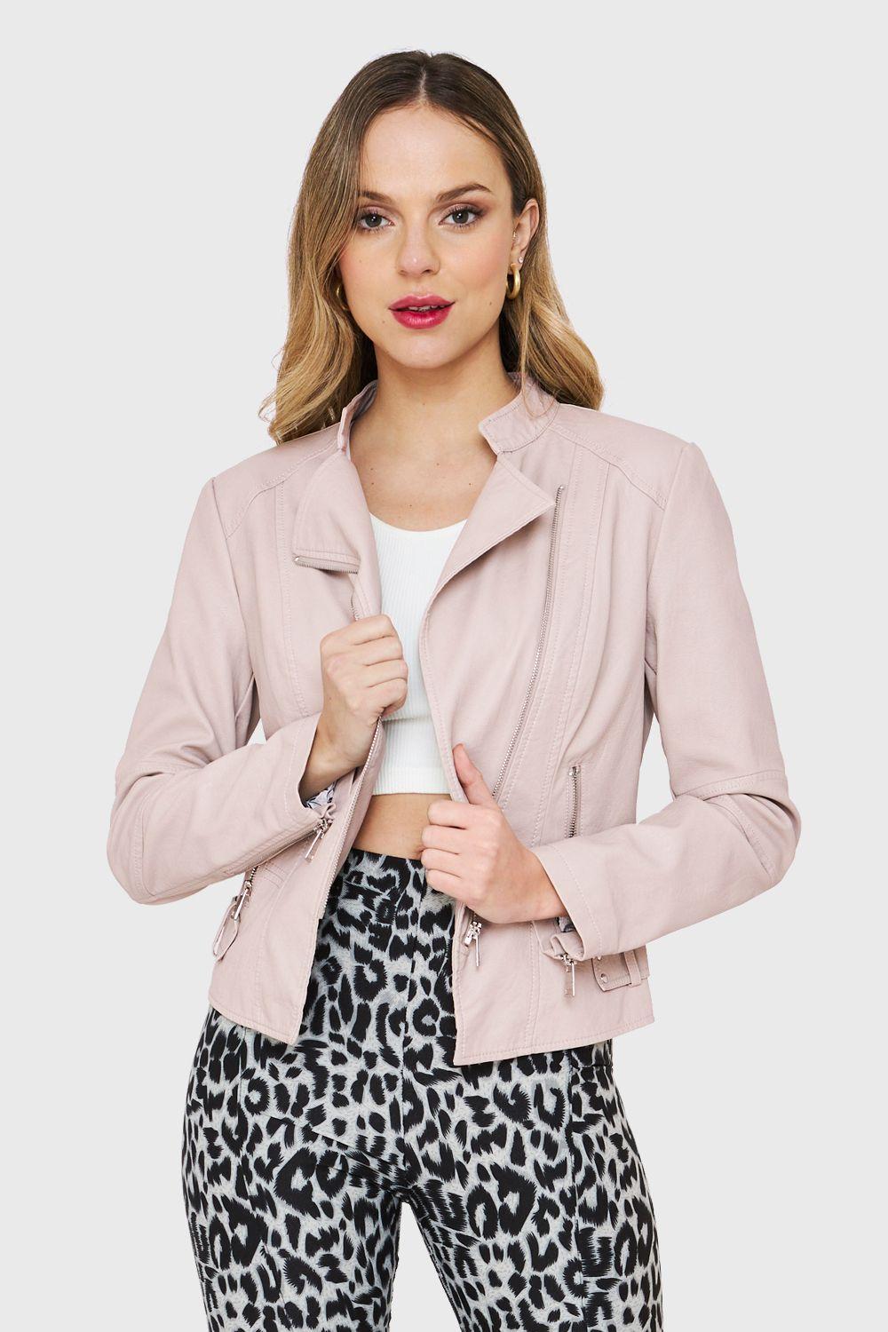 Chaqueta Cuello Mao Ecocuero Cierre Diagonal Crema Nicopoly-0
