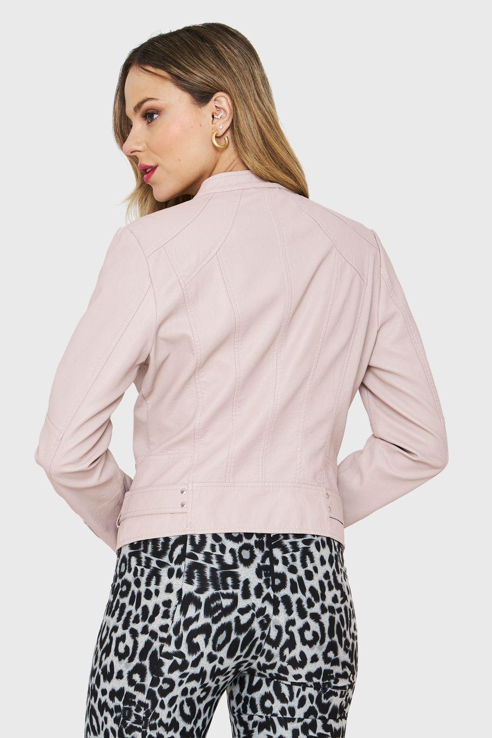 Chaqueta Cuello Mao Ecocuero Cierre Diagonal Crema Nicopoly-3