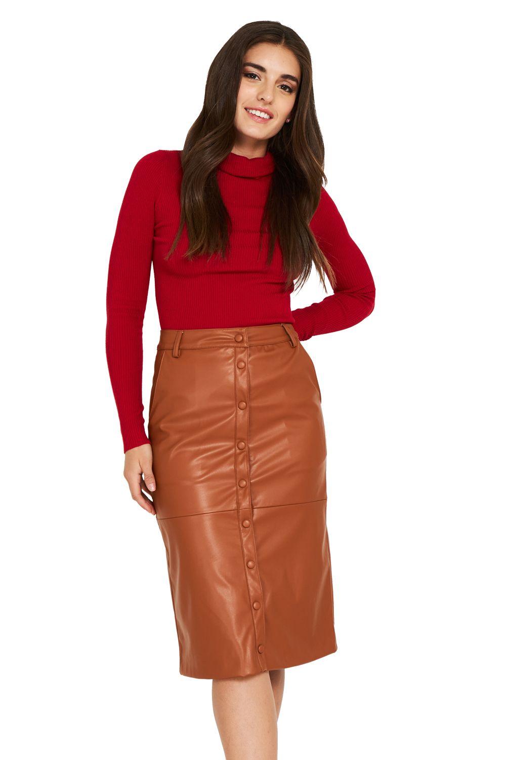 Falda Midi Ecocuero Café Botones Nicopoly-1