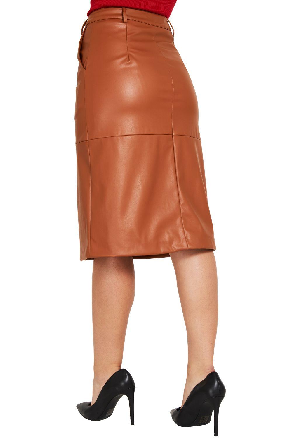 Falda Midi Ecocuero Café Botones Nicopoly-3