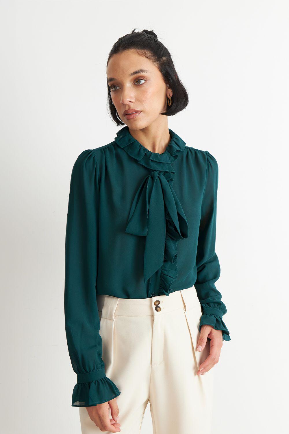 Blusa Corbatín y Vuelos Verde Azulado Nicopoly-4