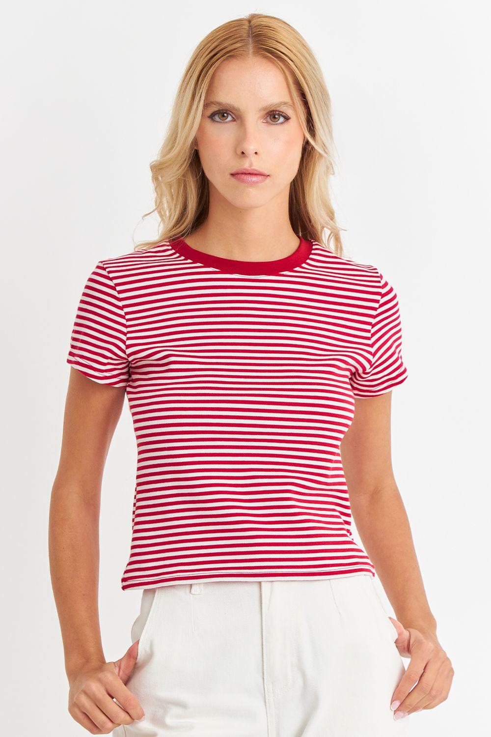Polera Básica Cuello Redondo Líneas Rojo Nicopoly-0