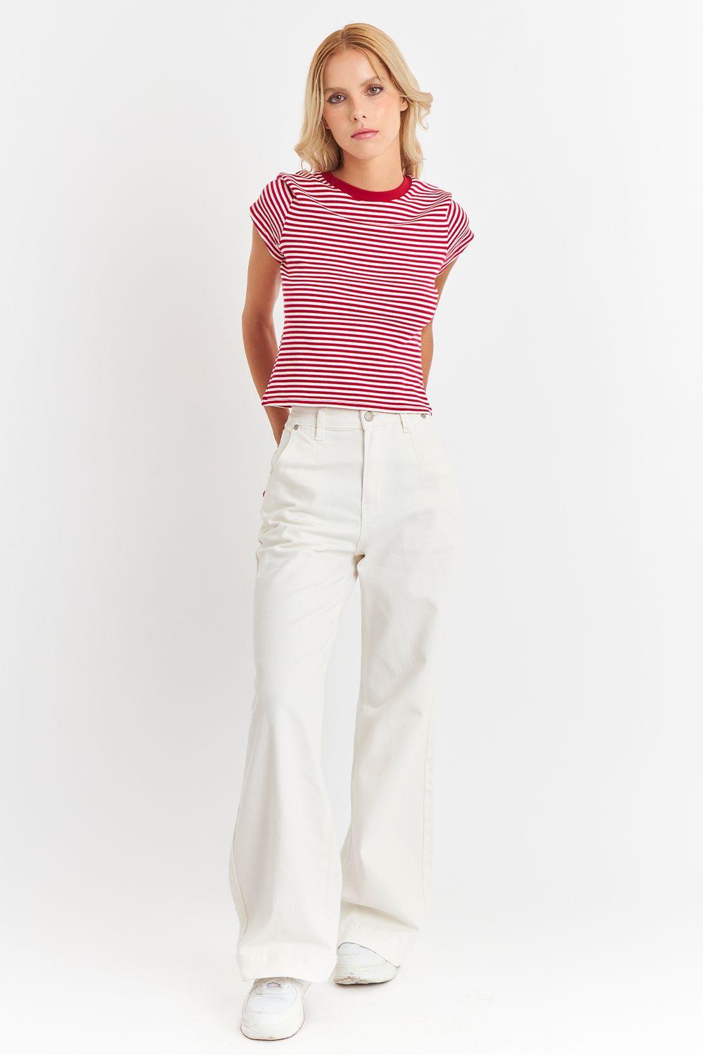 Polera Básica Cuello Redondo Líneas Rojo Nicopoly-1