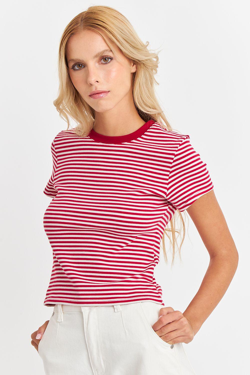 Polera Básica Cuello Redondo Líneas Rojo Nicopoly-2