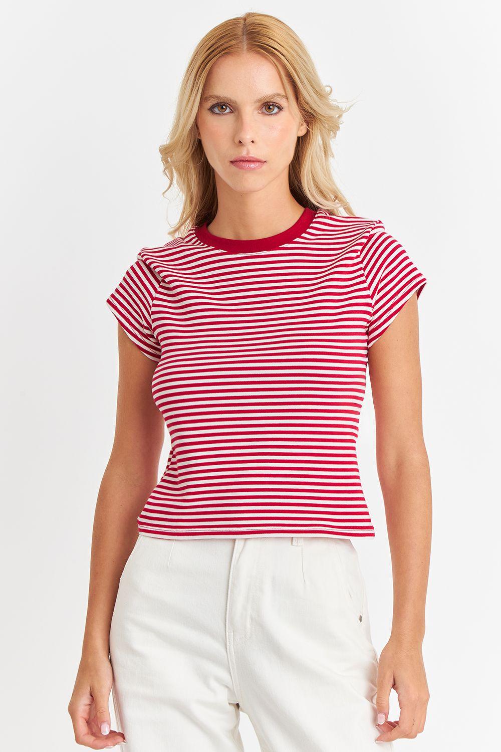 Polera Básica Cuello Redondo Líneas Rojo Nicopoly-4