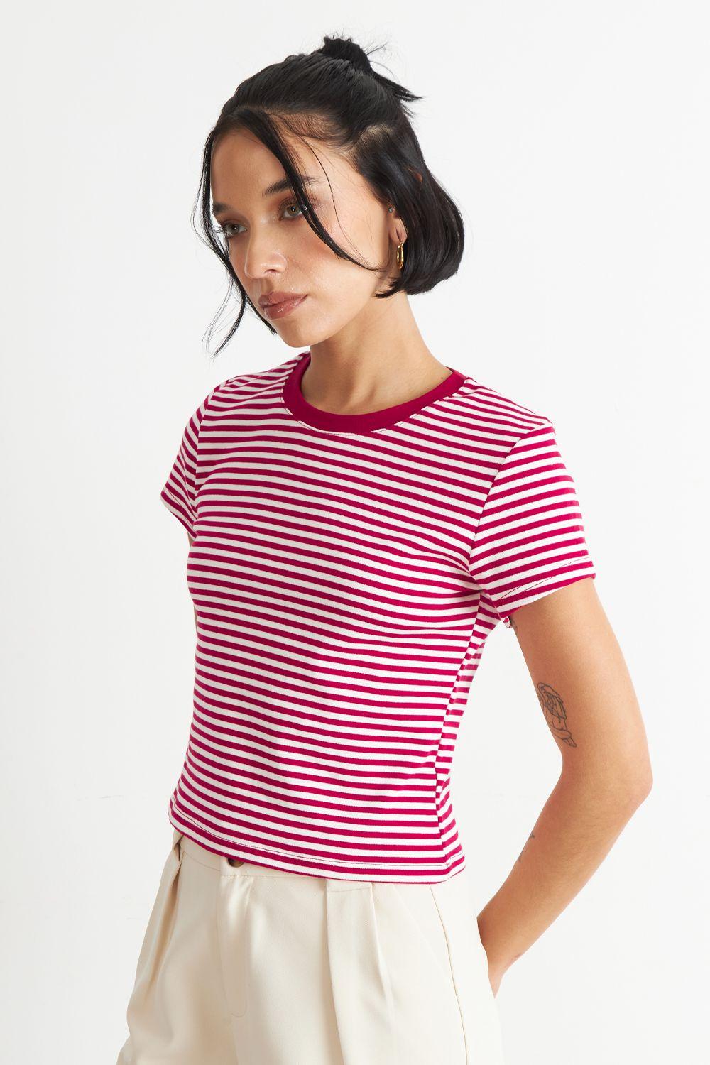 Polera Básica Cuello Redondo Líneas Rojo Nicopoly-2