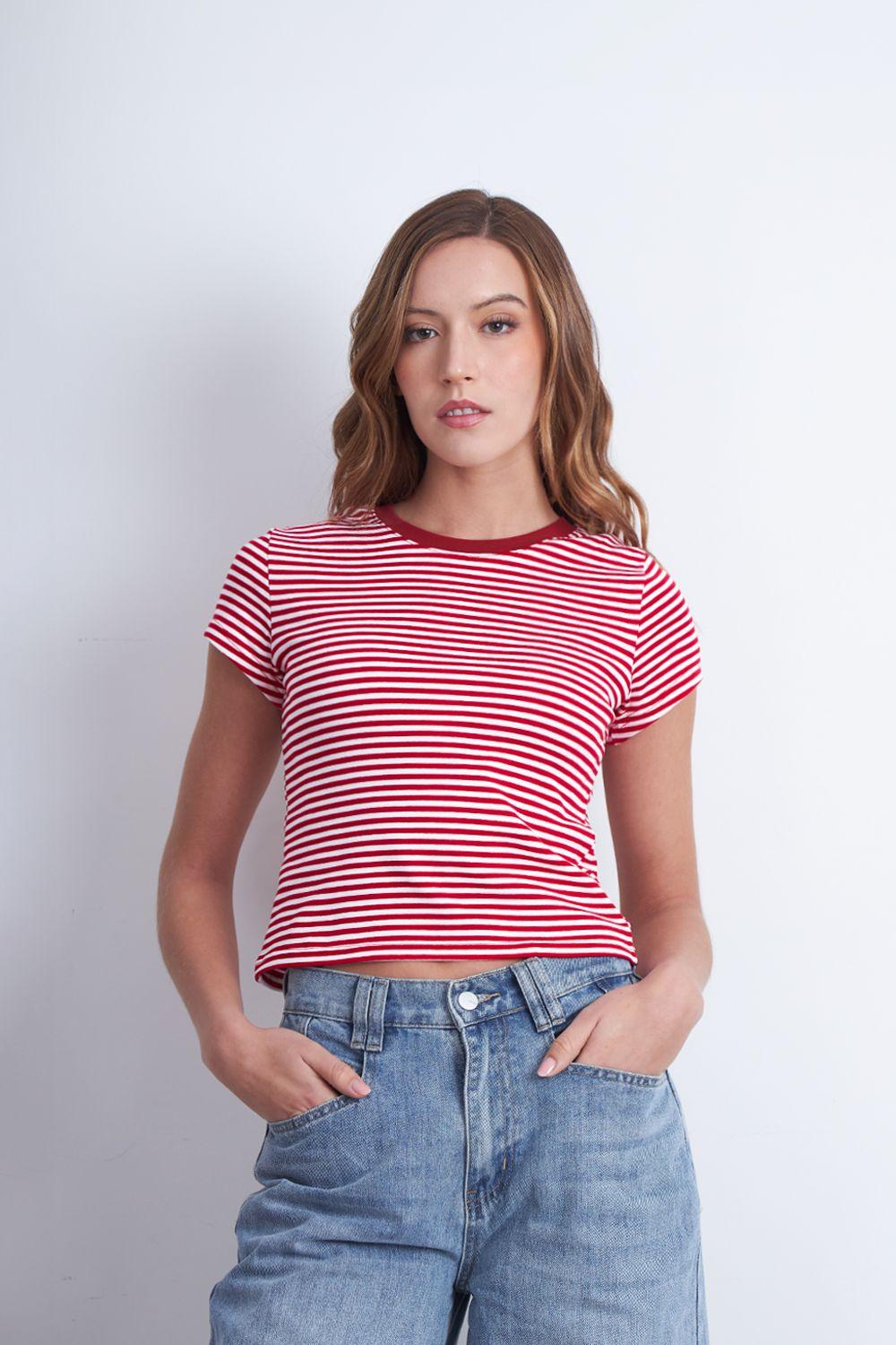 Polera Básica Cuello Redondo Líneas Rojo Nicopoly-5