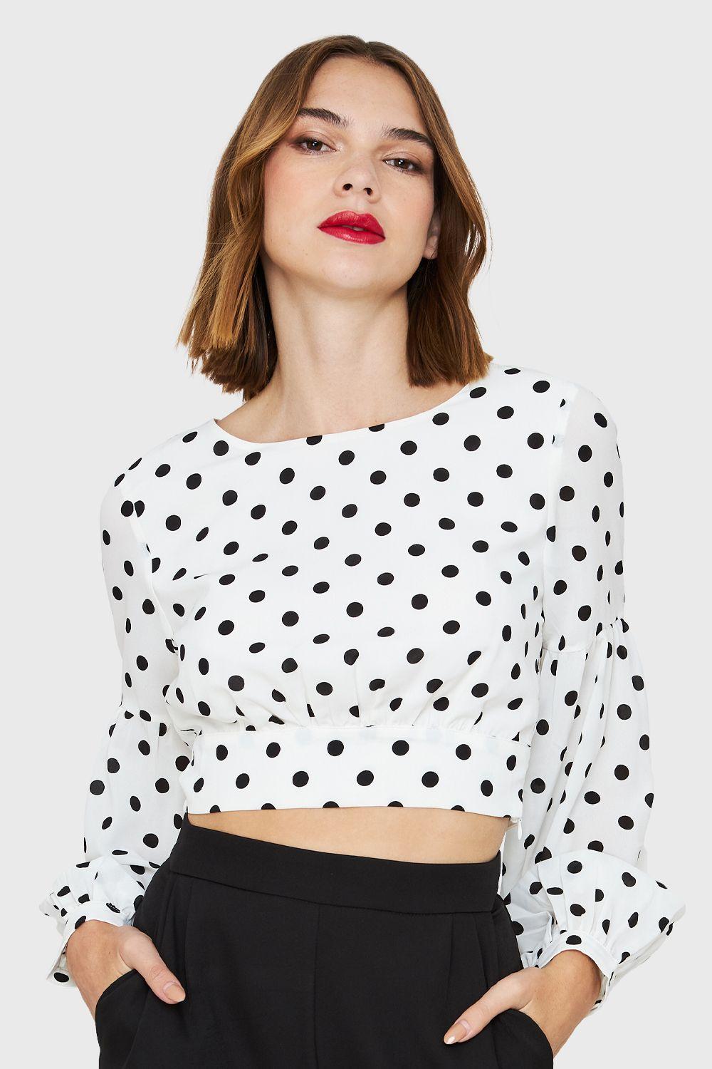 Blusa Crop Lunares Lazo Blanco Nicopoly-0