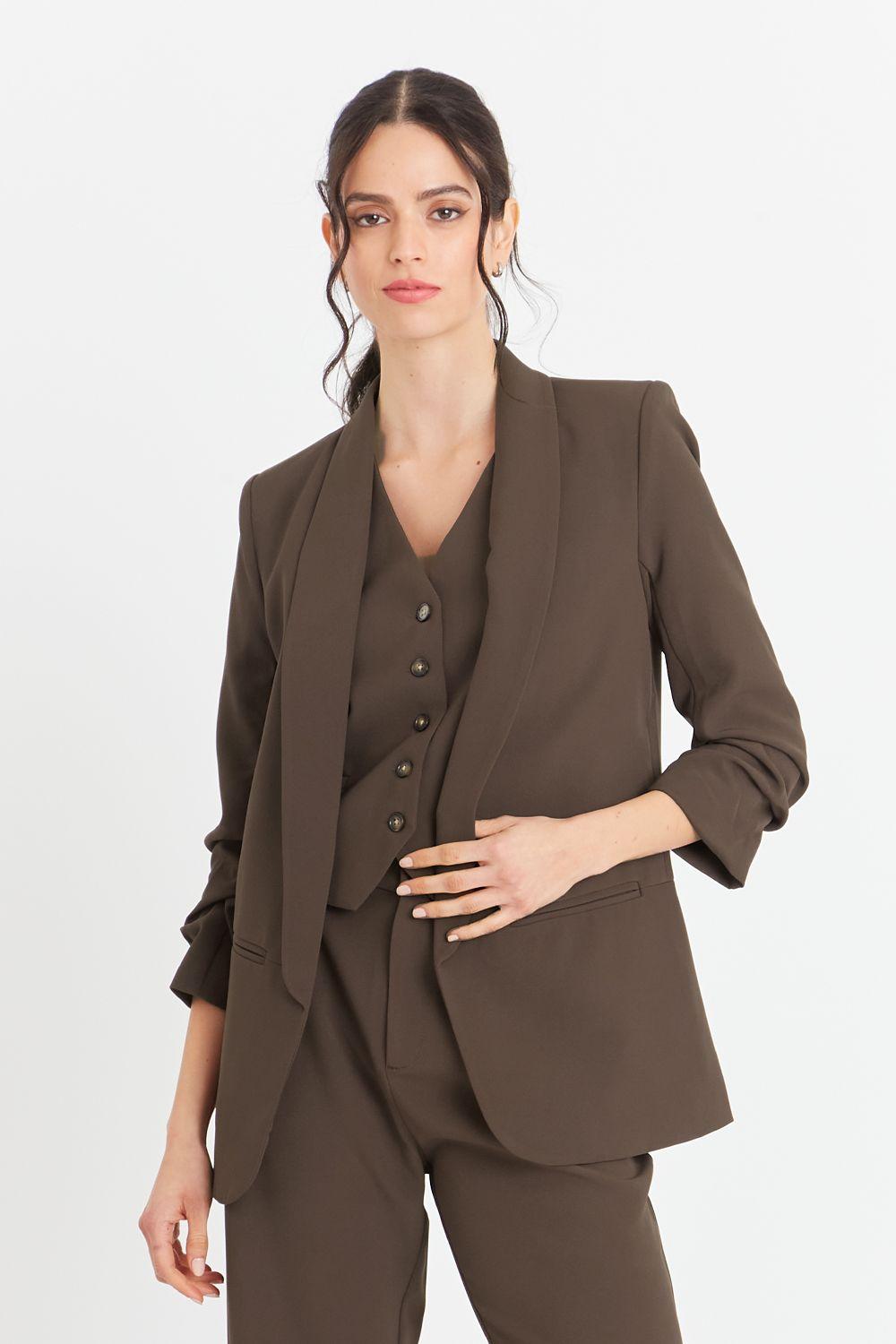 Blazer Manga 3/4 Ajustada Con Pliegues Marrón-0