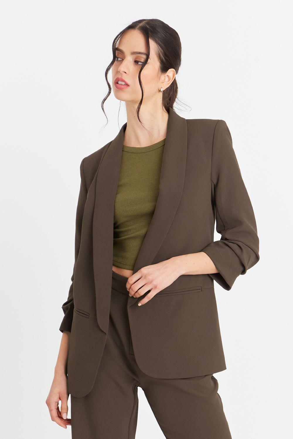 Blazer Manga 3/4 Ajustada Con Pliegues Marrón-4