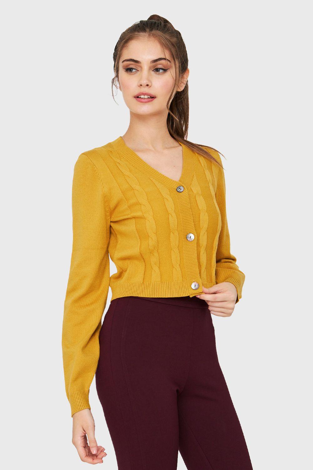 Cárdigan Crop Trenzado Mostaza Nicopoly-2
