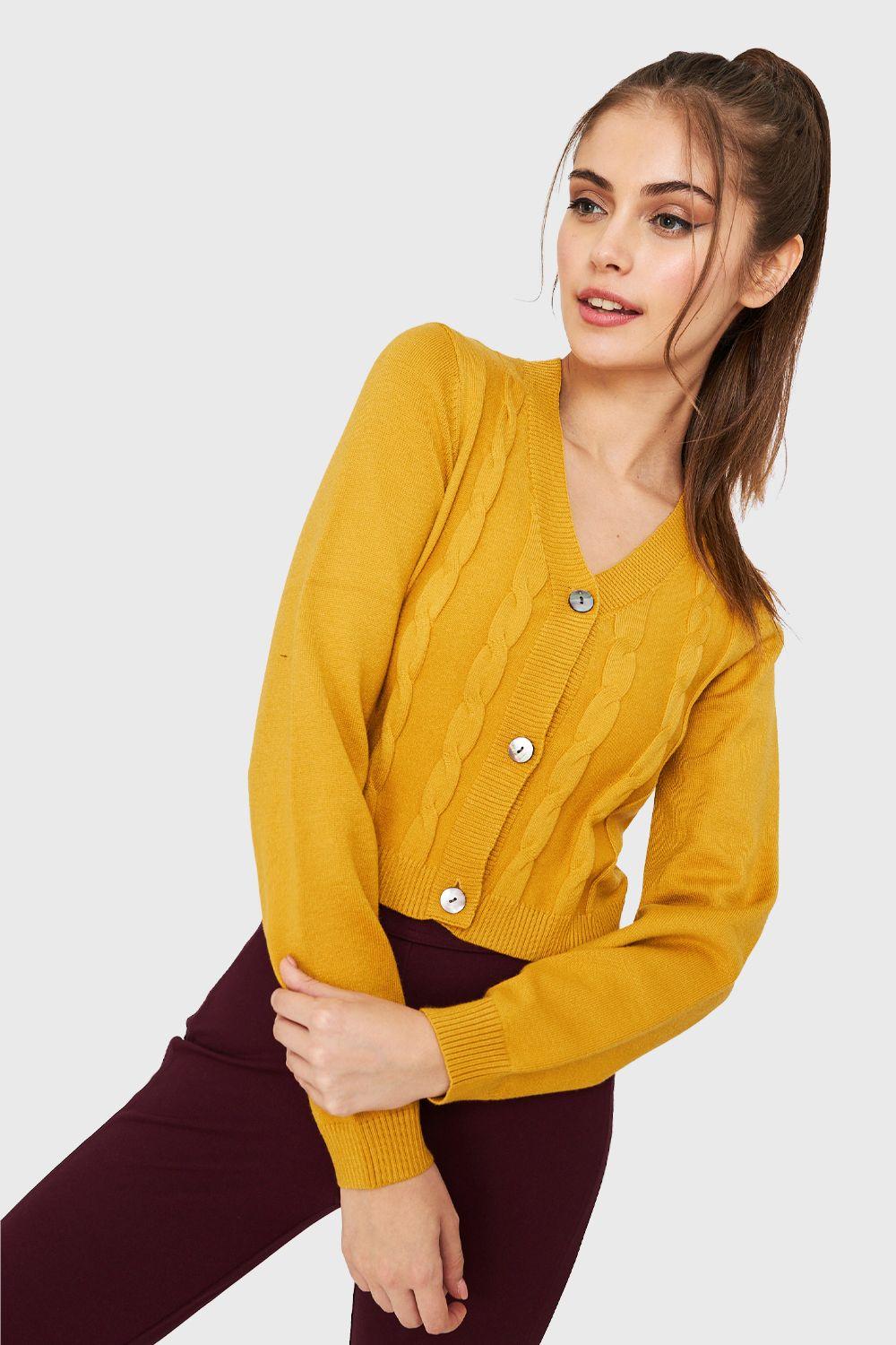 Cárdigan Crop Trenzado Mostaza Nicopoly-4