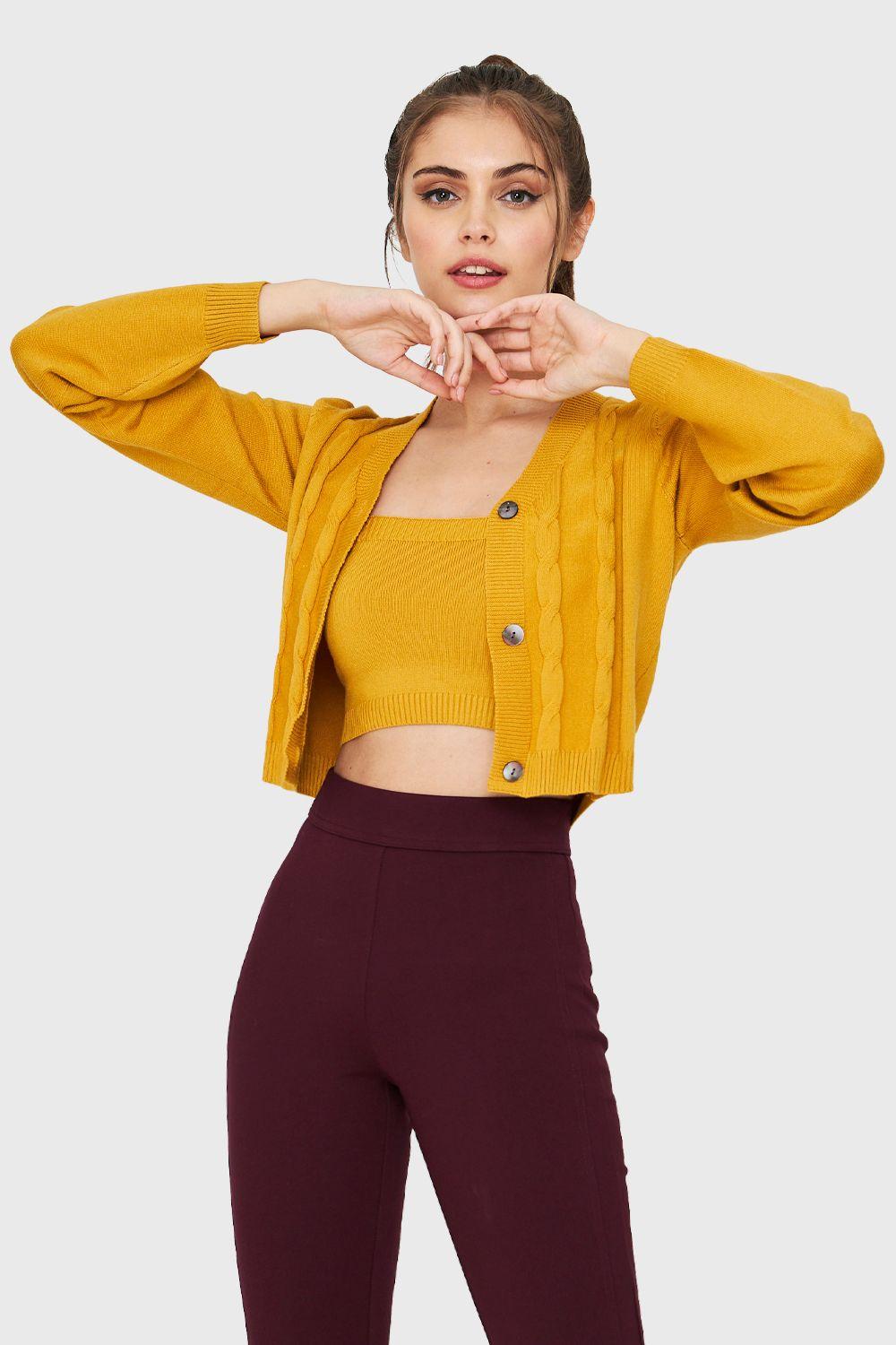 Cárdigan Crop Trenzado Mostaza Nicopoly-0