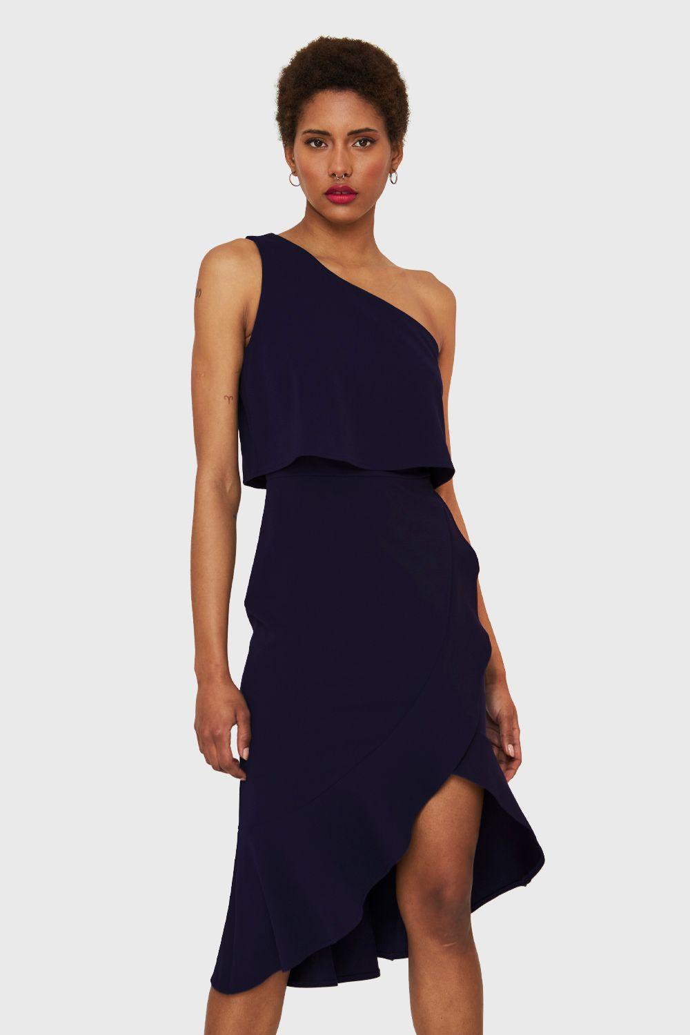 Vestido Un Hombro Asimétrico Azul Marino Nicopoly-4