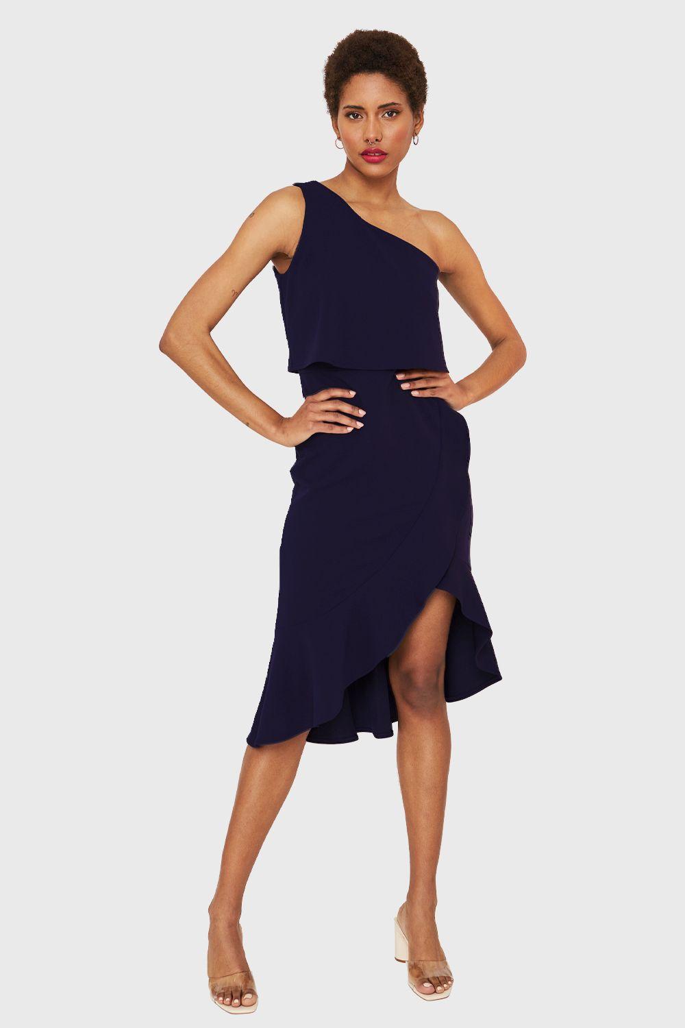 Vestido Un Hombro Asimétrico Azul Marino Nicopoly-1