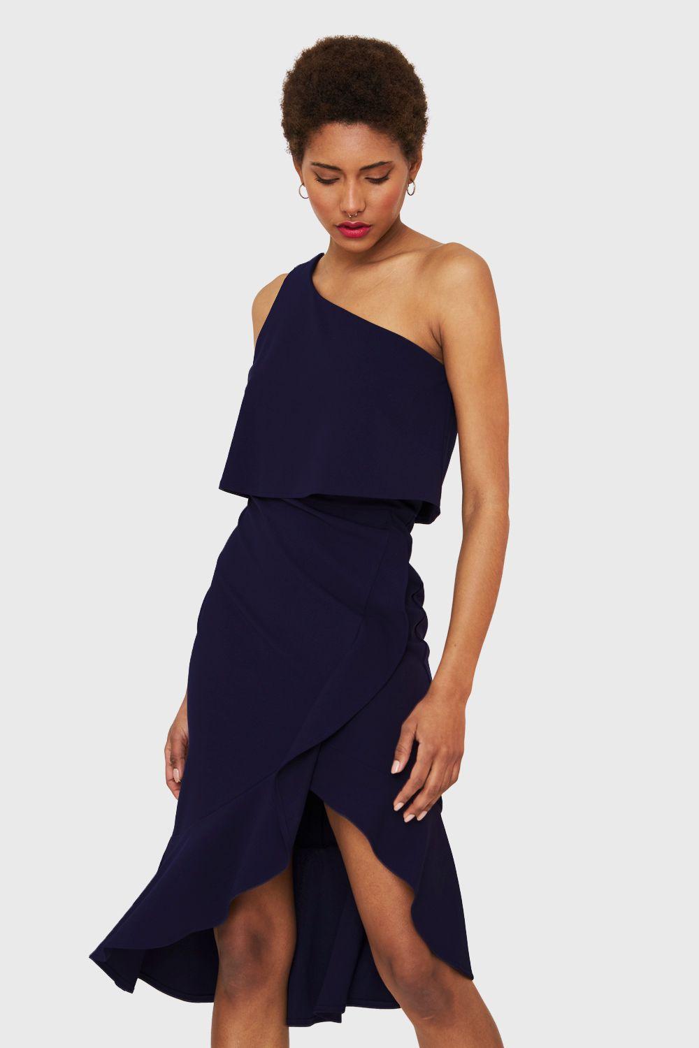Vestido Un Hombro Asimétrico Azul Marino Nicopoly-2