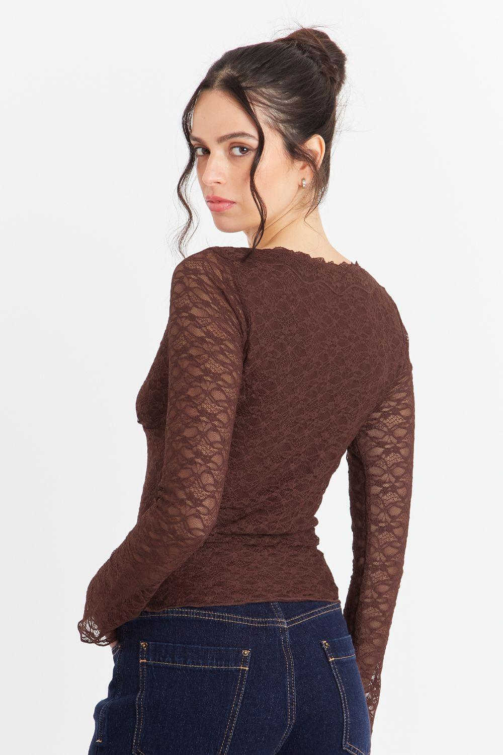 Polera Encaje Manga Larga Café Nicopoly-2