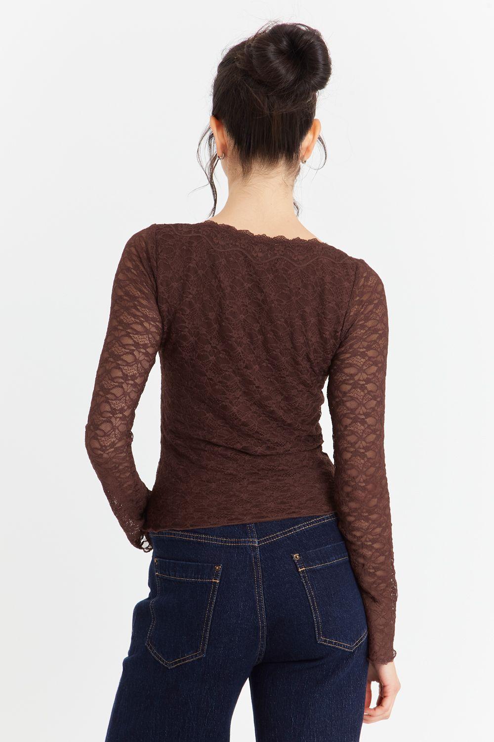Polera Encaje Manga Larga Café Nicopoly-3