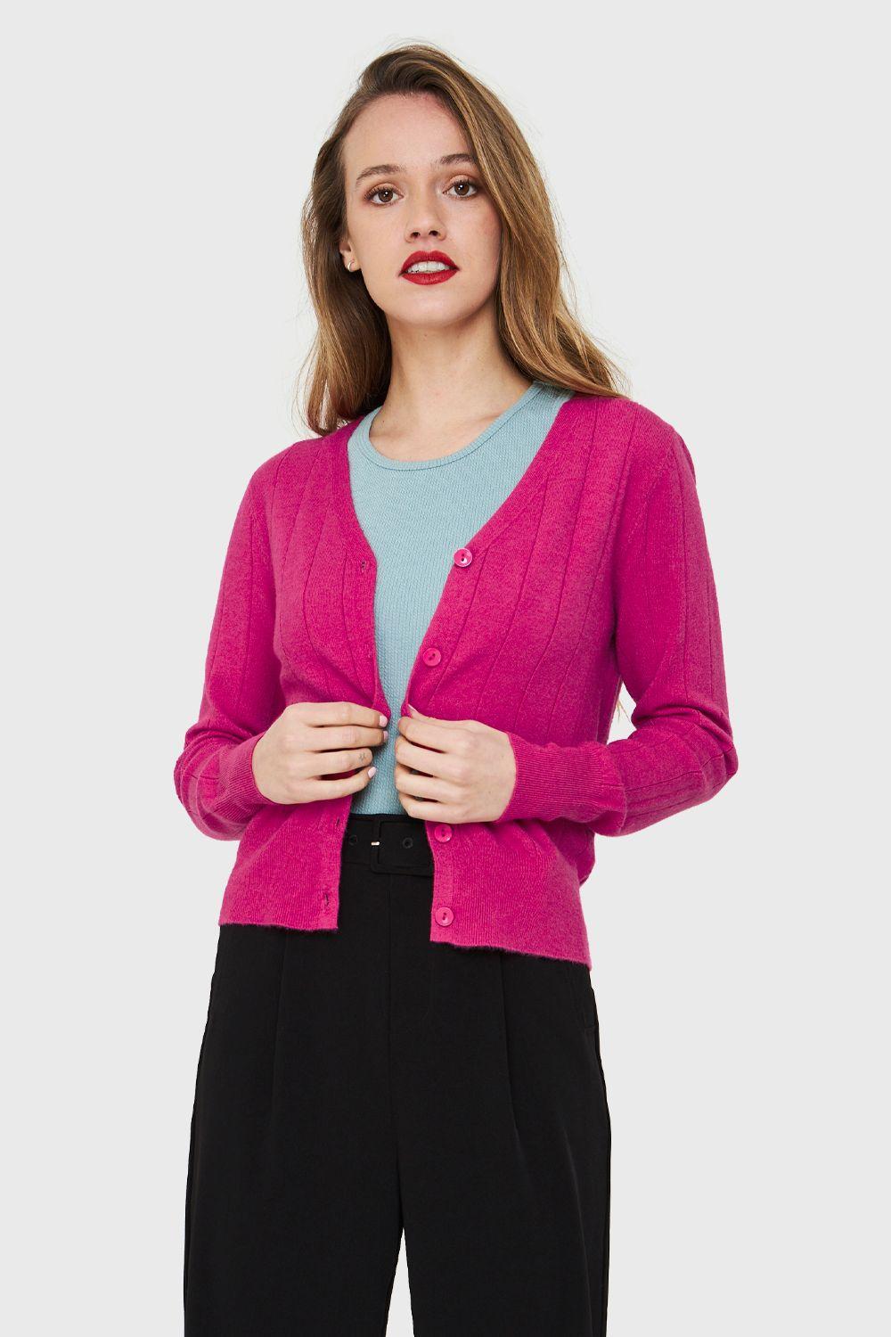 Cárdigan Acanalado Botones Fucsia Nicopoly-0