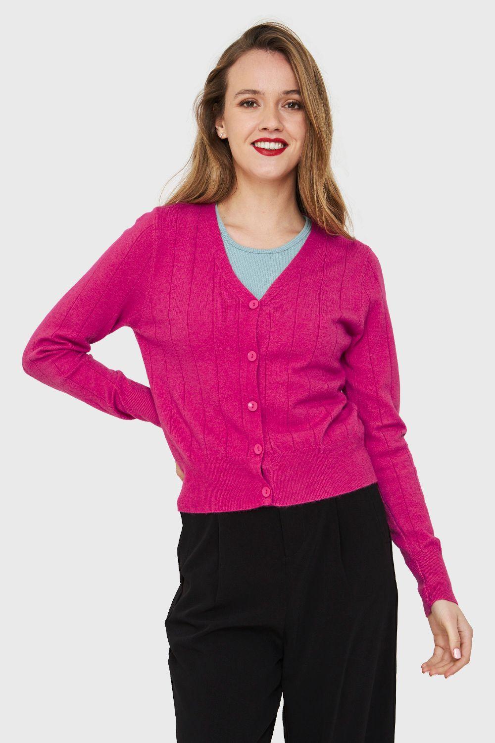 Cárdigan Acanalado Botones Fucsia Nicopoly-4
