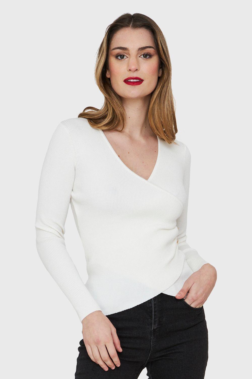 Polera Canalé Botones Decorativos Blanco Nicopoly-4