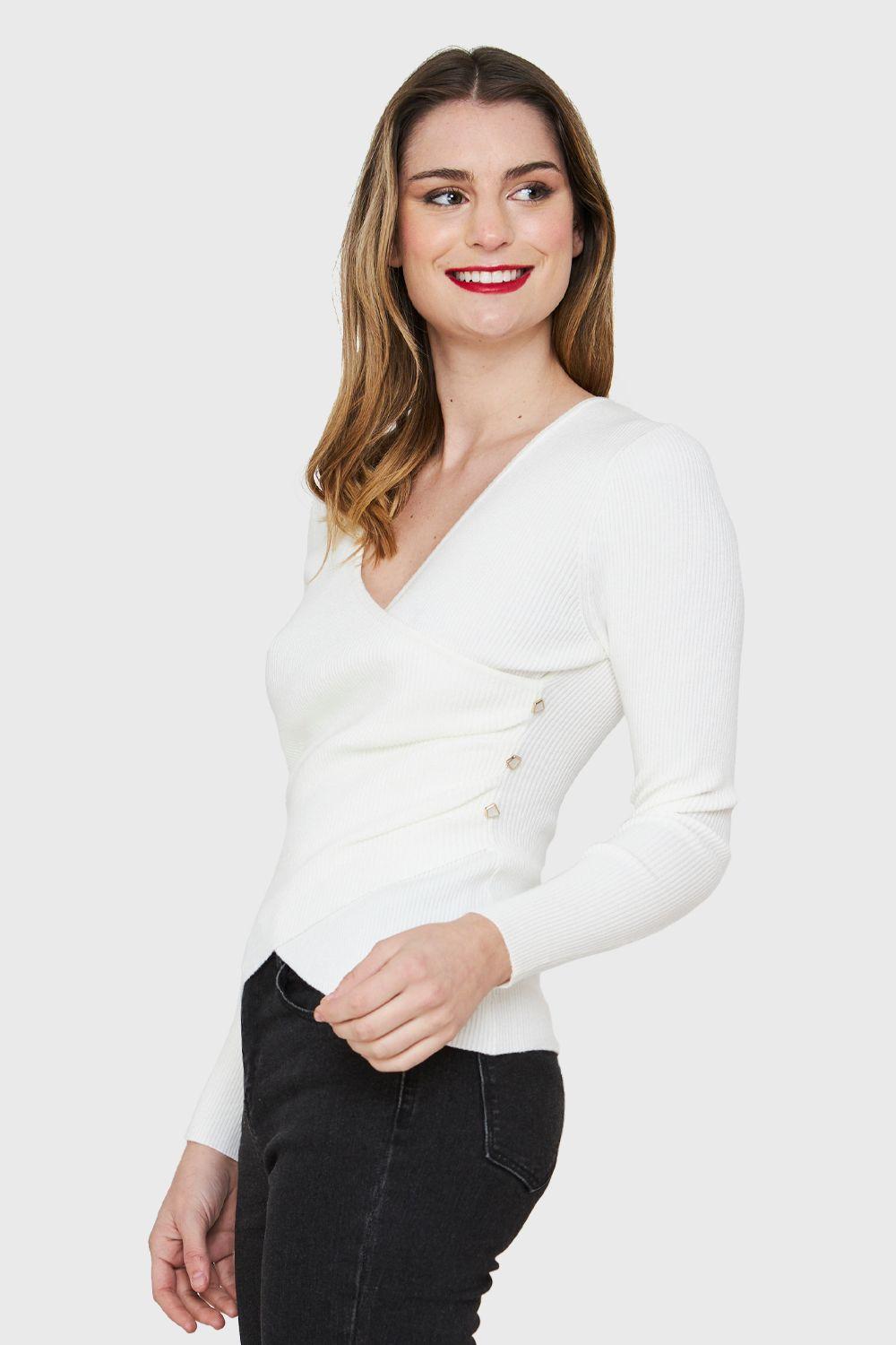 Polera Canalé Botones Decorativos Blanco Nicopoly-2