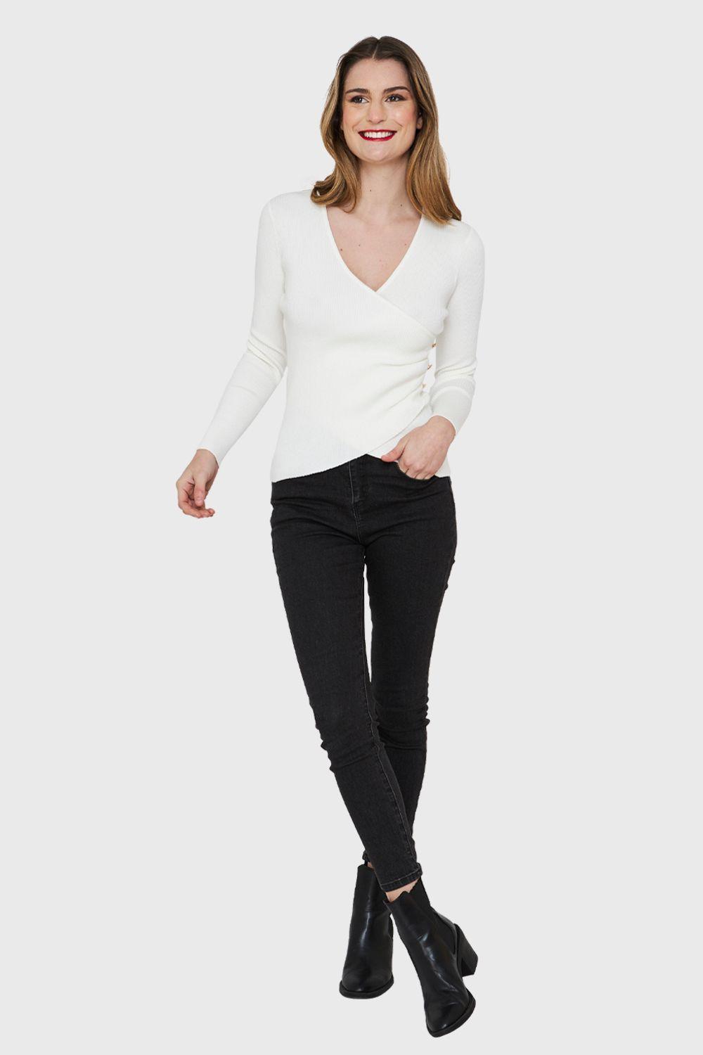 Polera Canalé Botones Decorativos Blanco Nicopoly-1