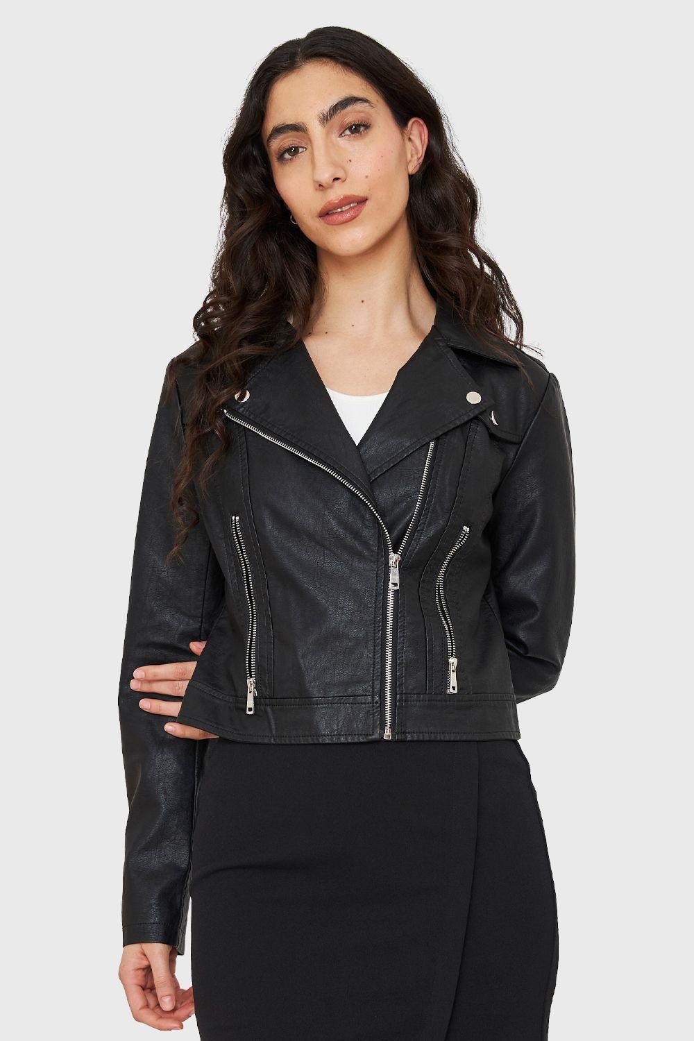 Chaqueta Biker Corta Ecocuero Negro Nicopoly-0