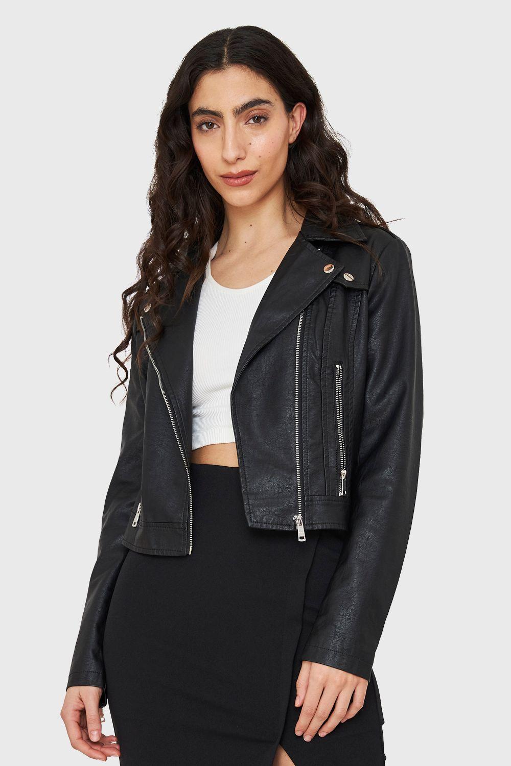 Chaqueta Biker Corta Ecocuero Negro Nicopoly-4
