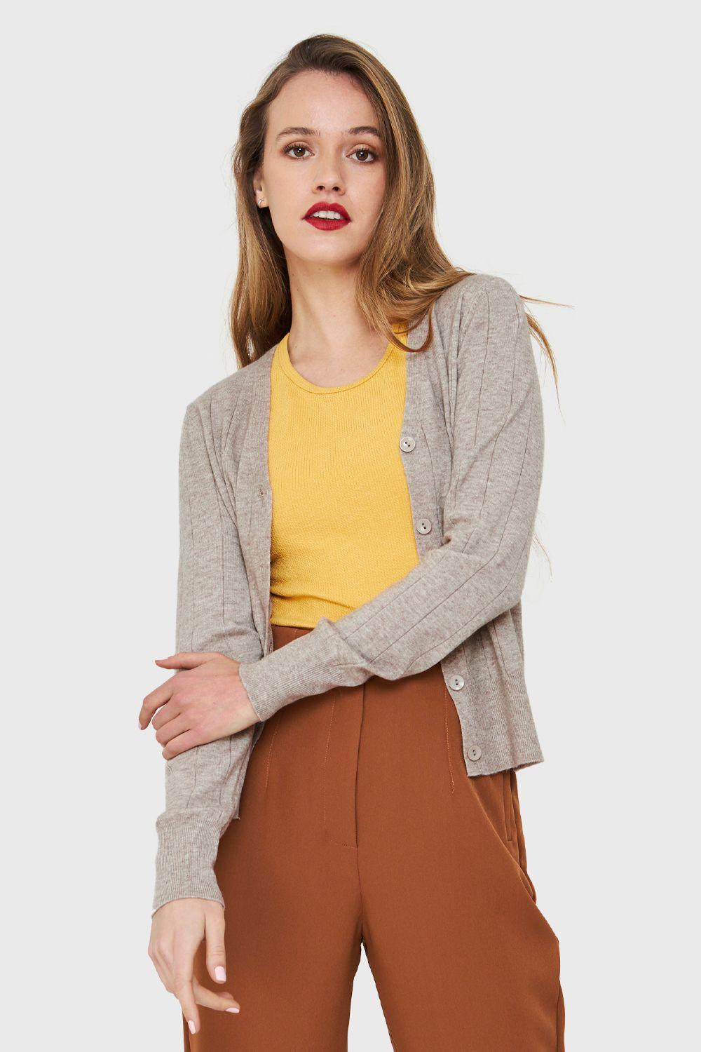 Cárdigan Acanalado Botones Khaki Nicopoly-4