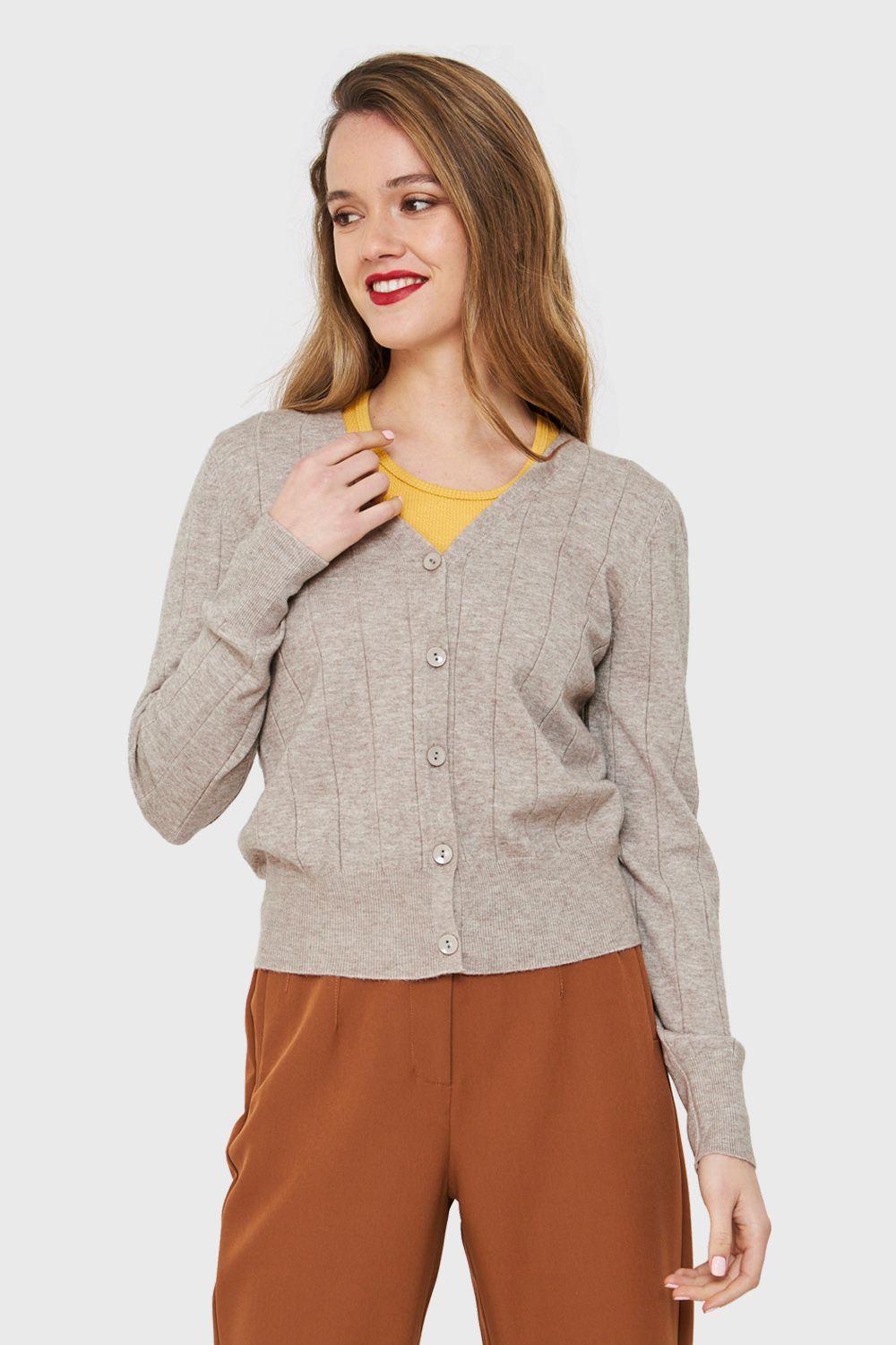 Cárdigan Acanalado Botones Khaki Nicopoly-0