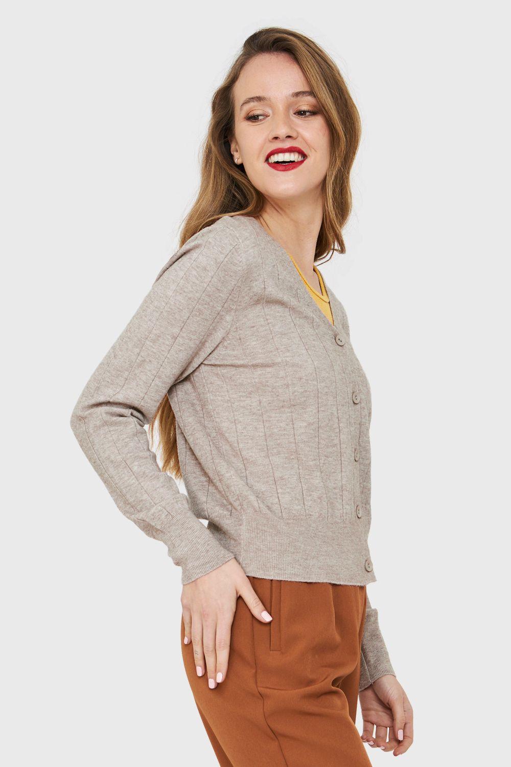 Cárdigan Acanalado Botones Khaki Nicopoly-2