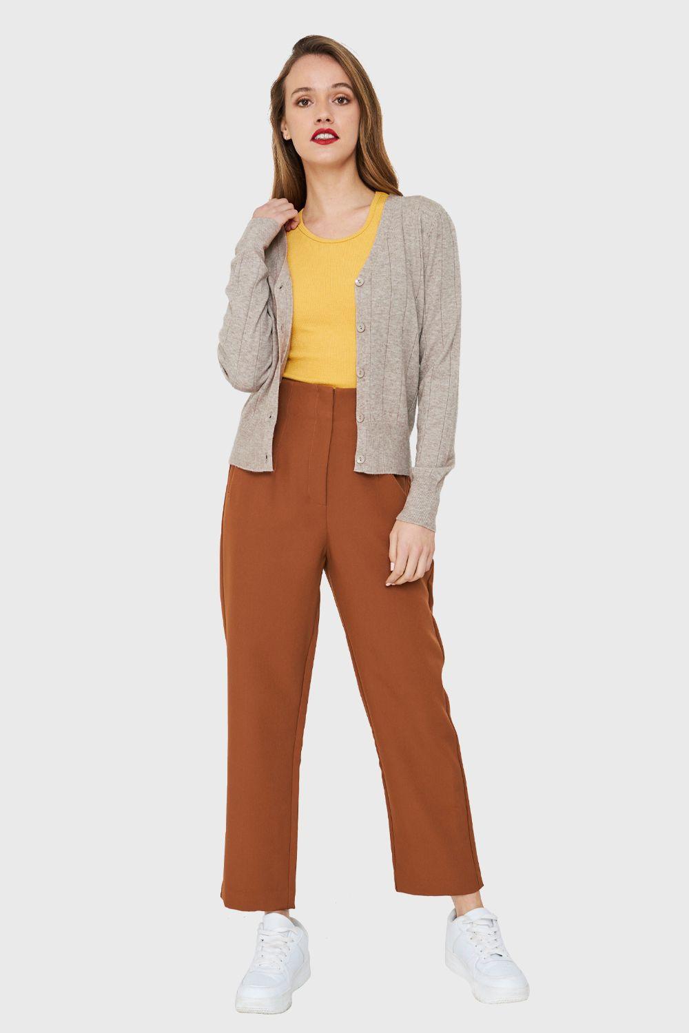 Cárdigan Acanalado Botones Khaki Nicopoly-1